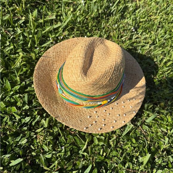 Beaded Straw Hat with Colorful Accents - BRAND NEW - Hand Beaded Summer Hat - Picture 1 of 6